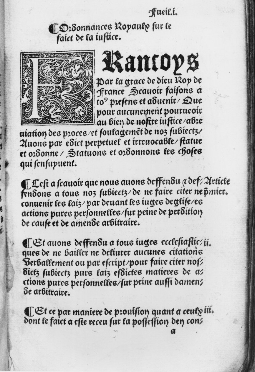 Pierwsza strona z rozporządzenia Villers-Cotterets, 1539 (papier drukowany) autorstwa French School