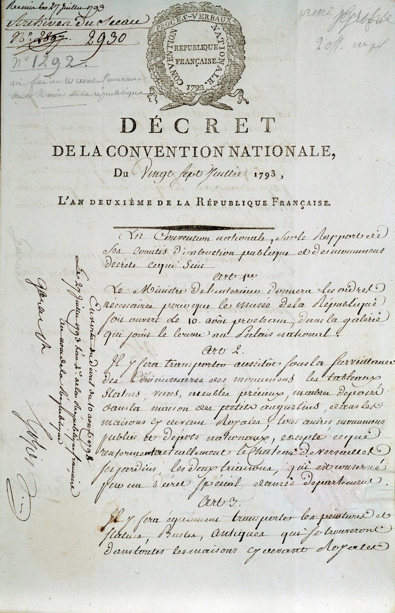 Pierwsza strona tajemnicy Konwencji Narodowej z 27.07.1793 r. ustanawiającej Palais du Louvre jako muzeum autorstwa French School