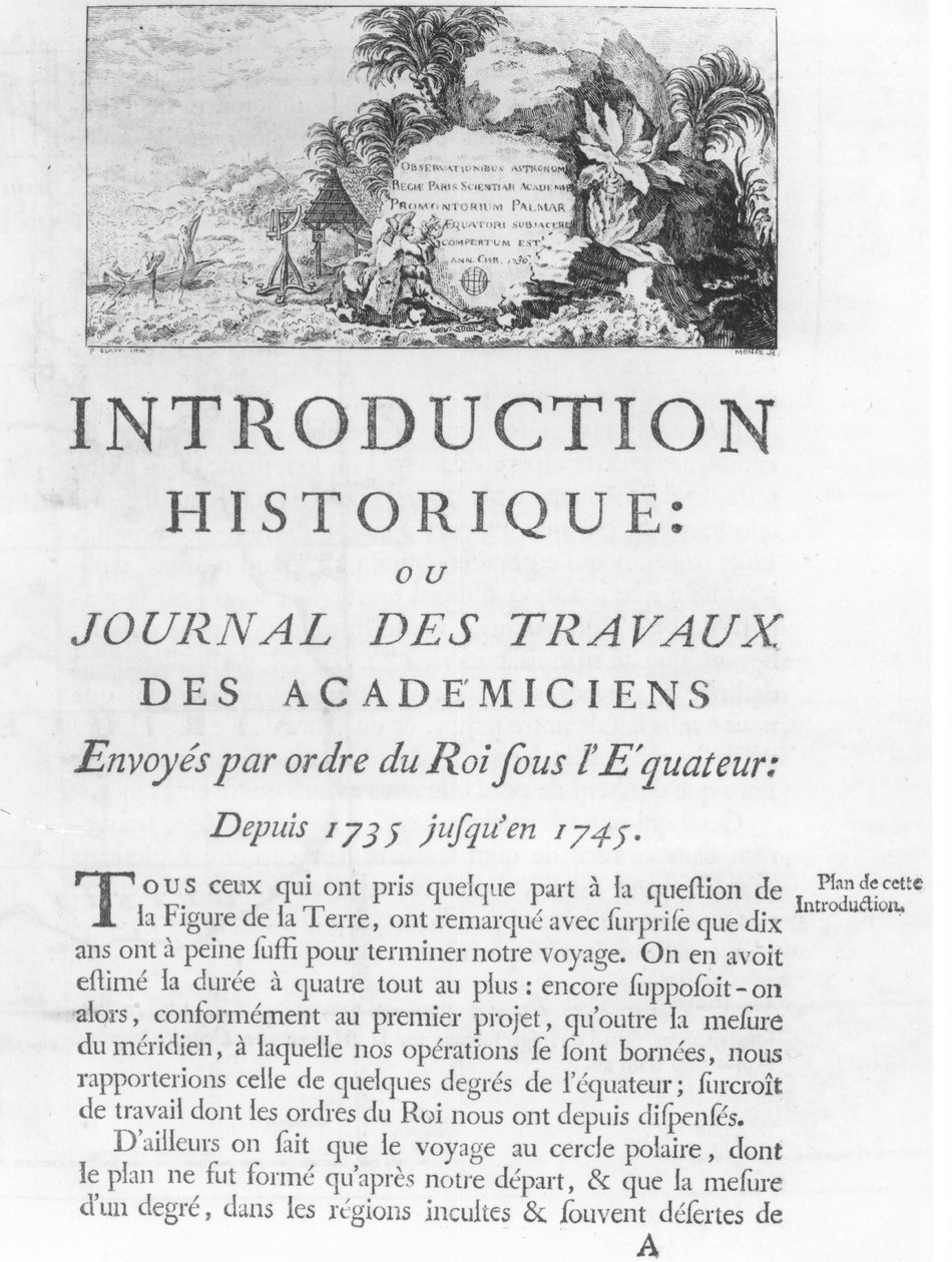 Pierwsza strona wstępu do Journal des Travaux des Academiciens wysłanego z rozkazu króla pod rządami Ekwadoru w latach 1735-1745 przez Charles Marie de La Condamine (1701-74) 1751 (bw autorstwa French School
