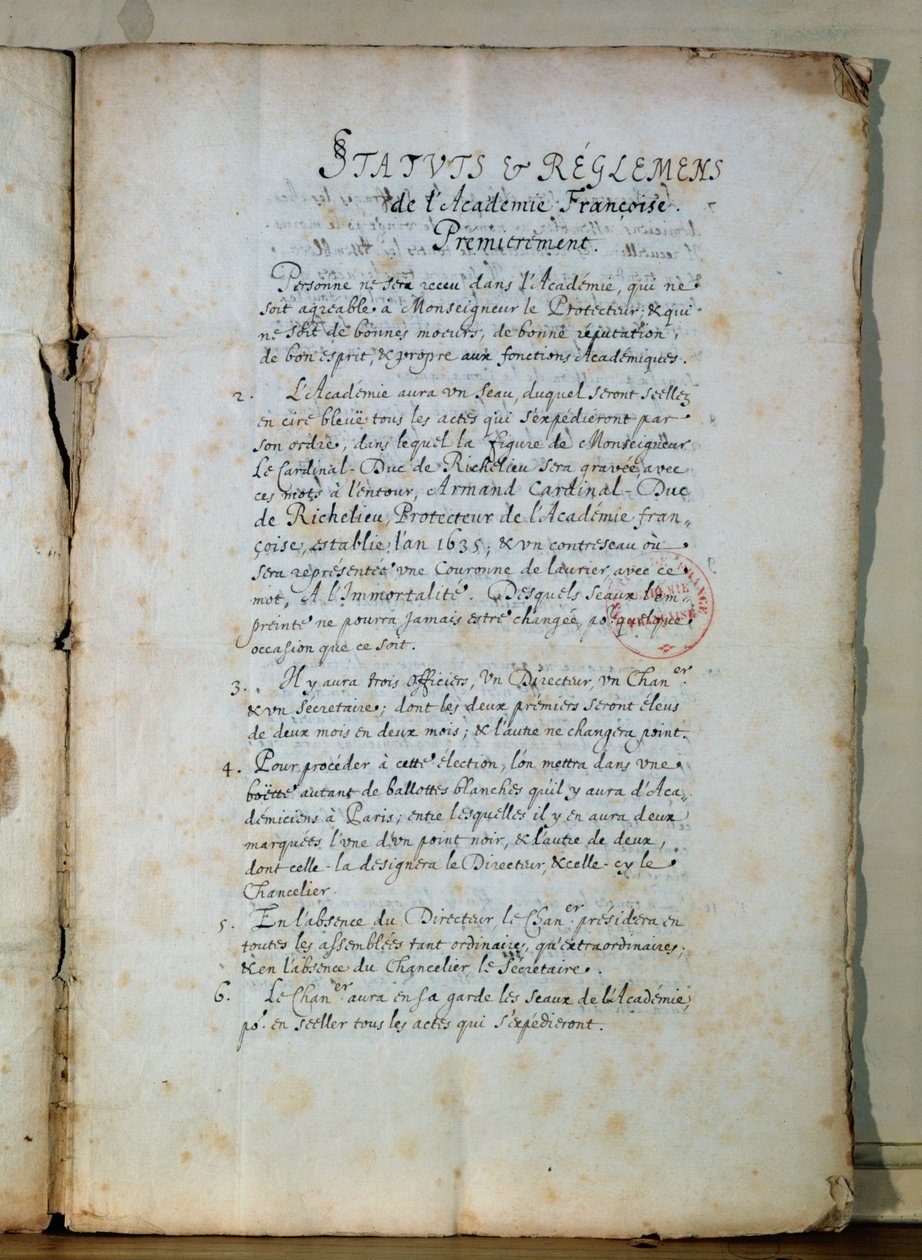Pierwsza strona statutu Akademii Francuskiej, 1635 (tusz na papierze) (patrz także 179947) autorstwa French School