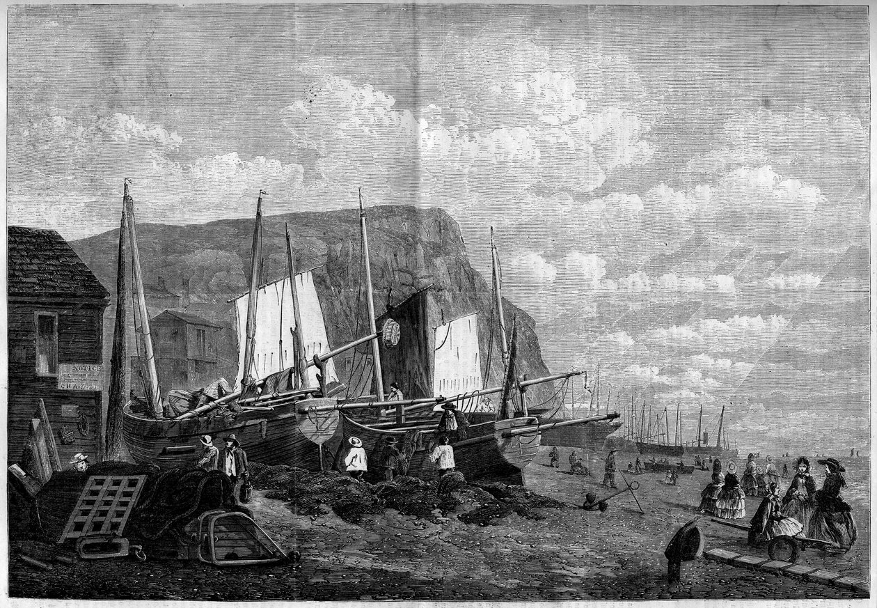 Łodzie rybackie na plaży Hastings w Anglii autorstwa French School