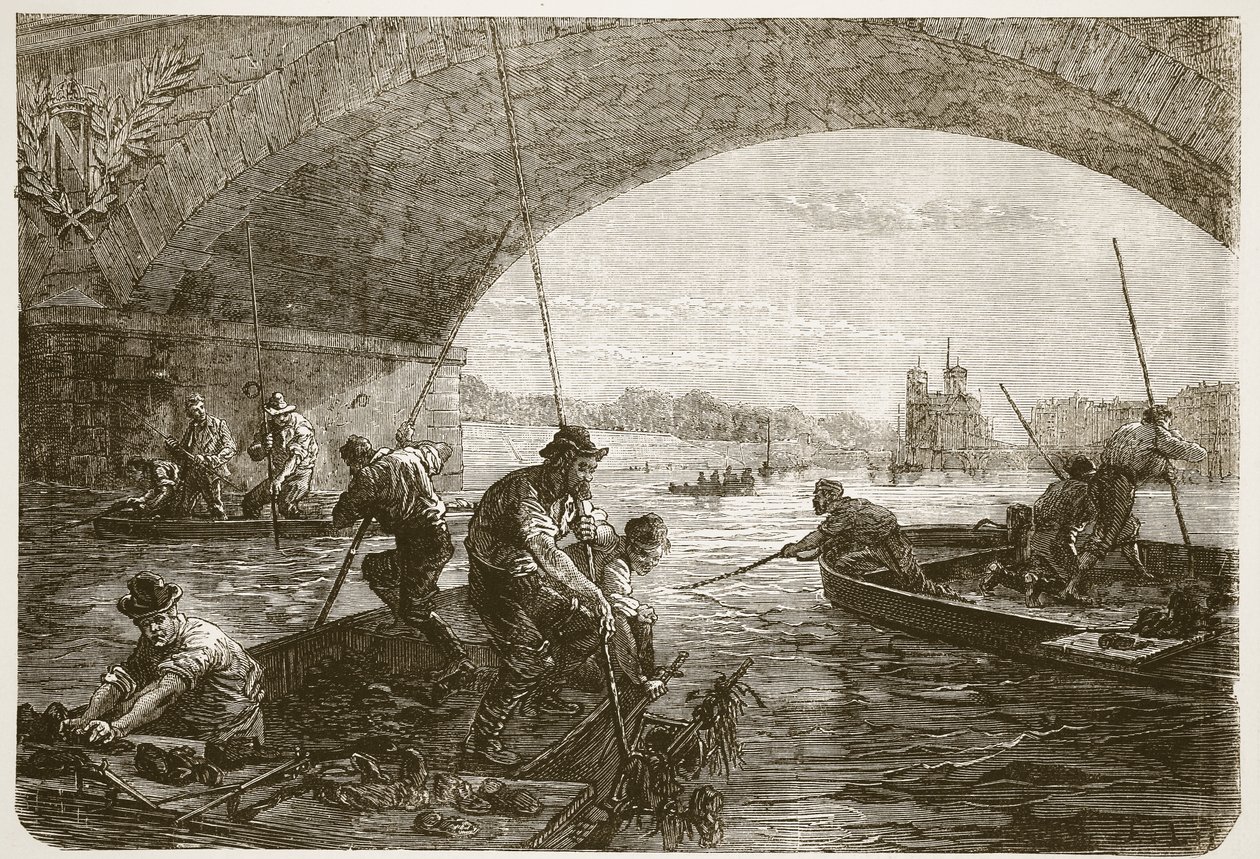 Łowienie broni w Sekwanie, ilustracja z Historii wojny Cassells między Francją a Niemcami, 1870-1871 autorstwa French School