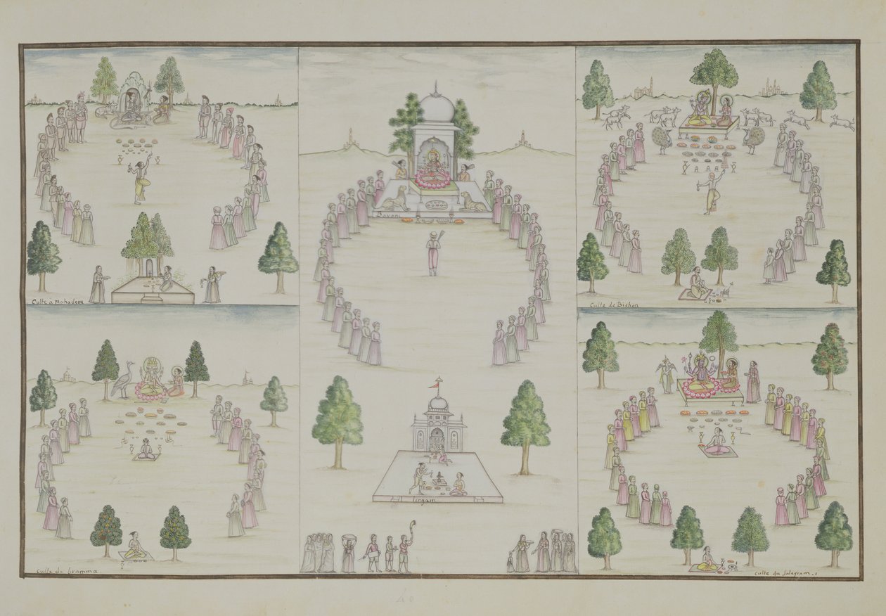 Pięć hinduskich kultów: Shiva, Krishna, Vishnu, Brahma i Mother Goddess z The Gentil Album, opublikowanego w 1774 roku autorstwa French School
