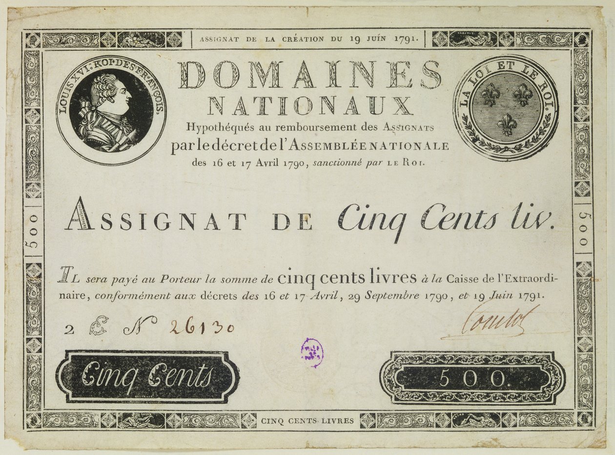 Banknot pięćset liwrów, 19 czerwca 1791 autorstwa French School