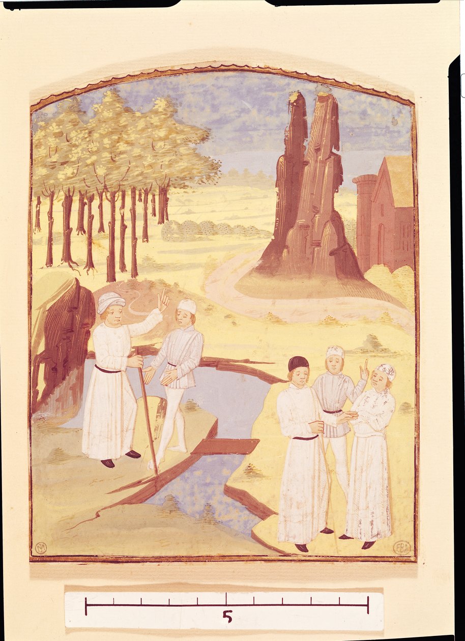Pięć osób omawiających projektowanie ogrodów, z Livre des Prouffitz Champestres autorstwa Pietro de Crescenzi (1230-132021) autorstwa French School