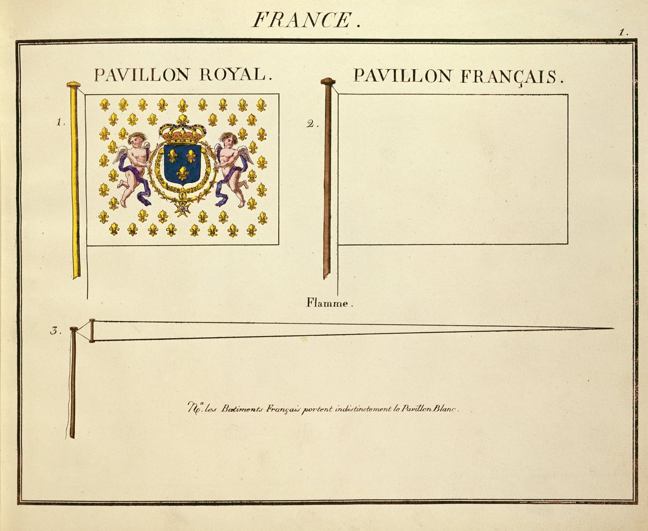 Flaga Ludwika XVIII i Karola X, królów Francji, z Pavillons des Puissances Maritimes (kolor grawerowany) autorstwa French School