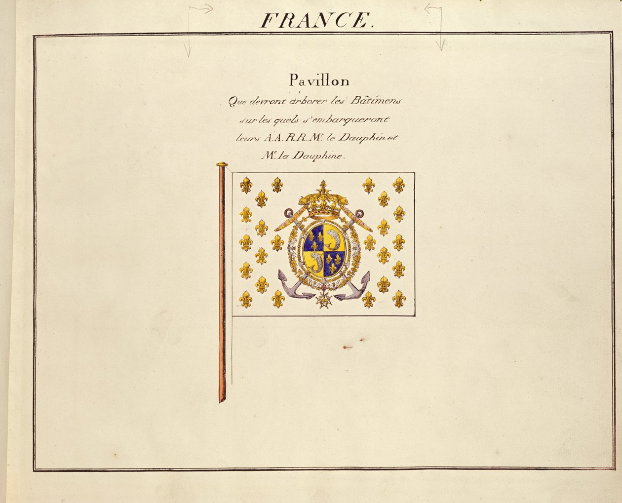 Flaga Delfina i Delfina, Ludwika Antoniego i Marii Teresy z Francji, z pawilonów mocarstw morskich, ok. 1815-30 (kolor grawerowany) autorstwa French School