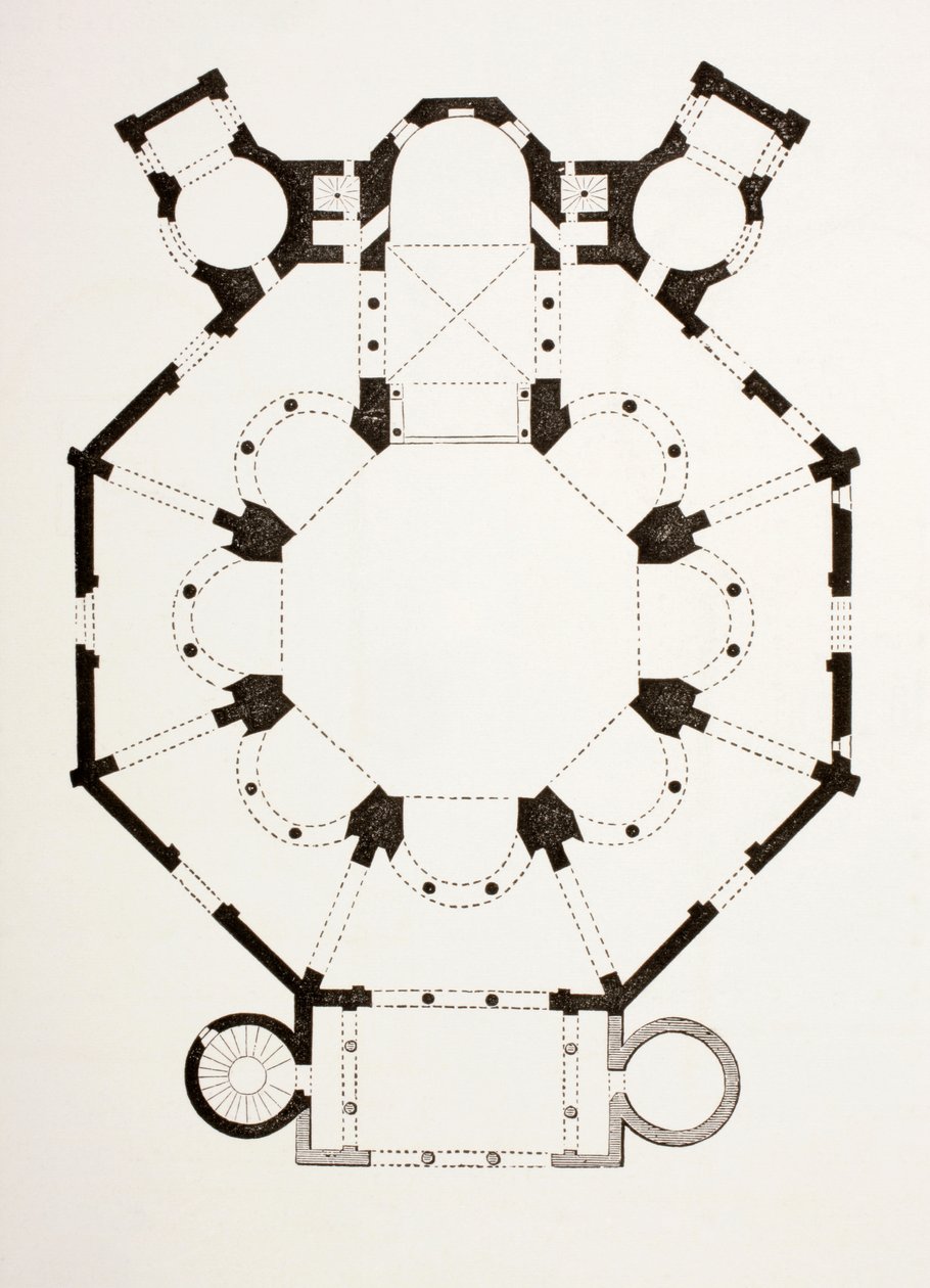 Plan piętra bizantyjskiego kościoła San Vitale z VI wieku w Rawennie we Włoszech, z epoki Les Arts au Moyen, opublikowany w 1873 r. autorstwa French School