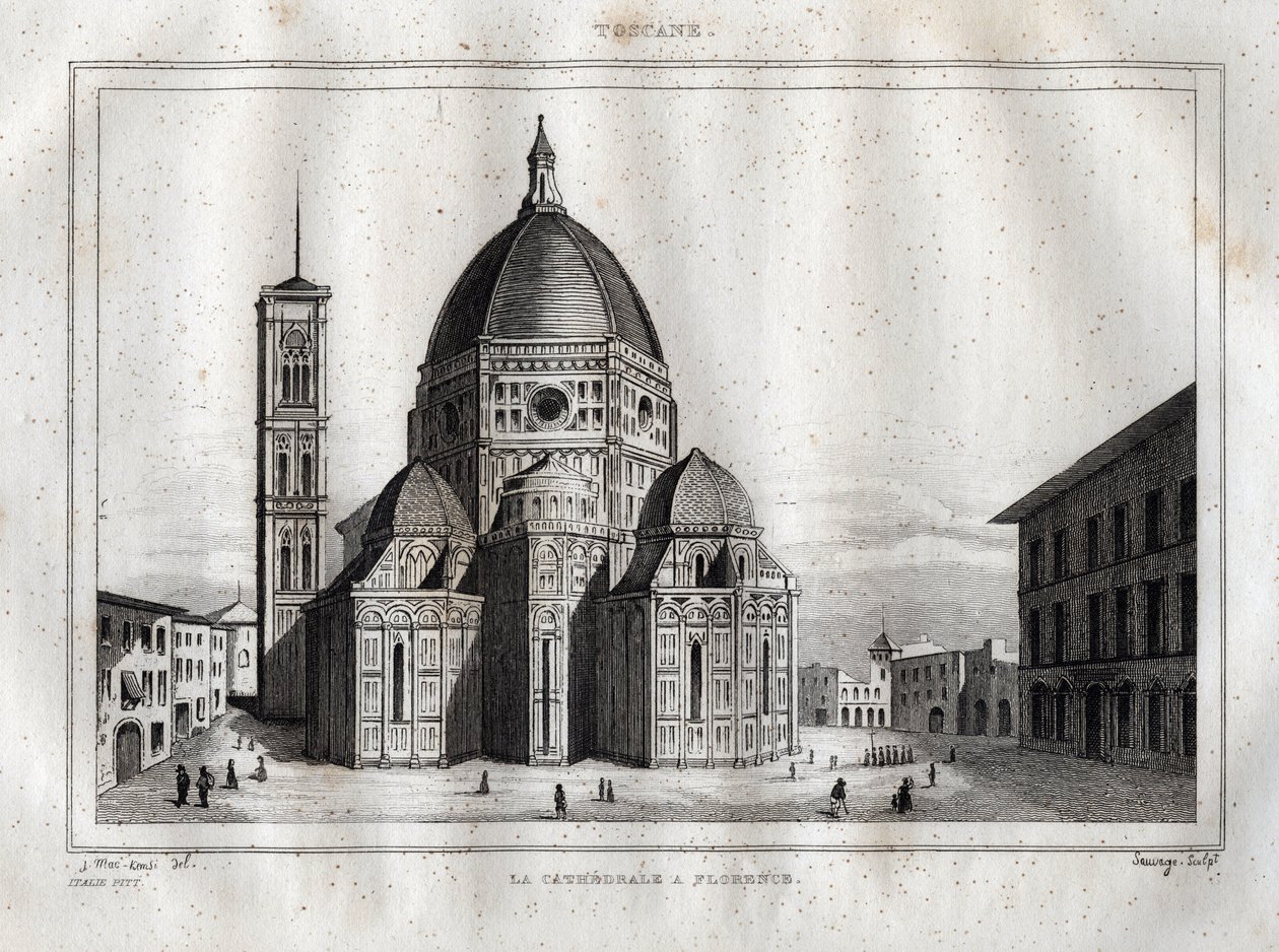 Katedra we Florencji - Widok na katedrę we Florencji (Duomo Santa Maria del Fiore). Kopuła została wykonana przez Filippo Brunelleschi ok. 1420-1436, Florencja, Włochy - Rycina z ""Włochy Malownicze"" - Tablica Historyczno-Opisowa Włoch" autorstwa M. de autorstwa French School