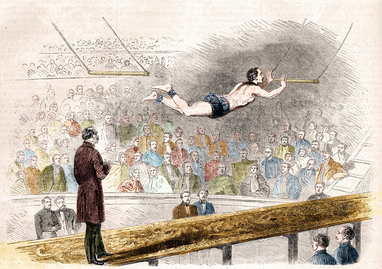 Latający numer trapezu francuskiego akrobaty Julesa Leotarda (1839-1870) w Cirque de Napoleon (dzisiejszy Cirque d