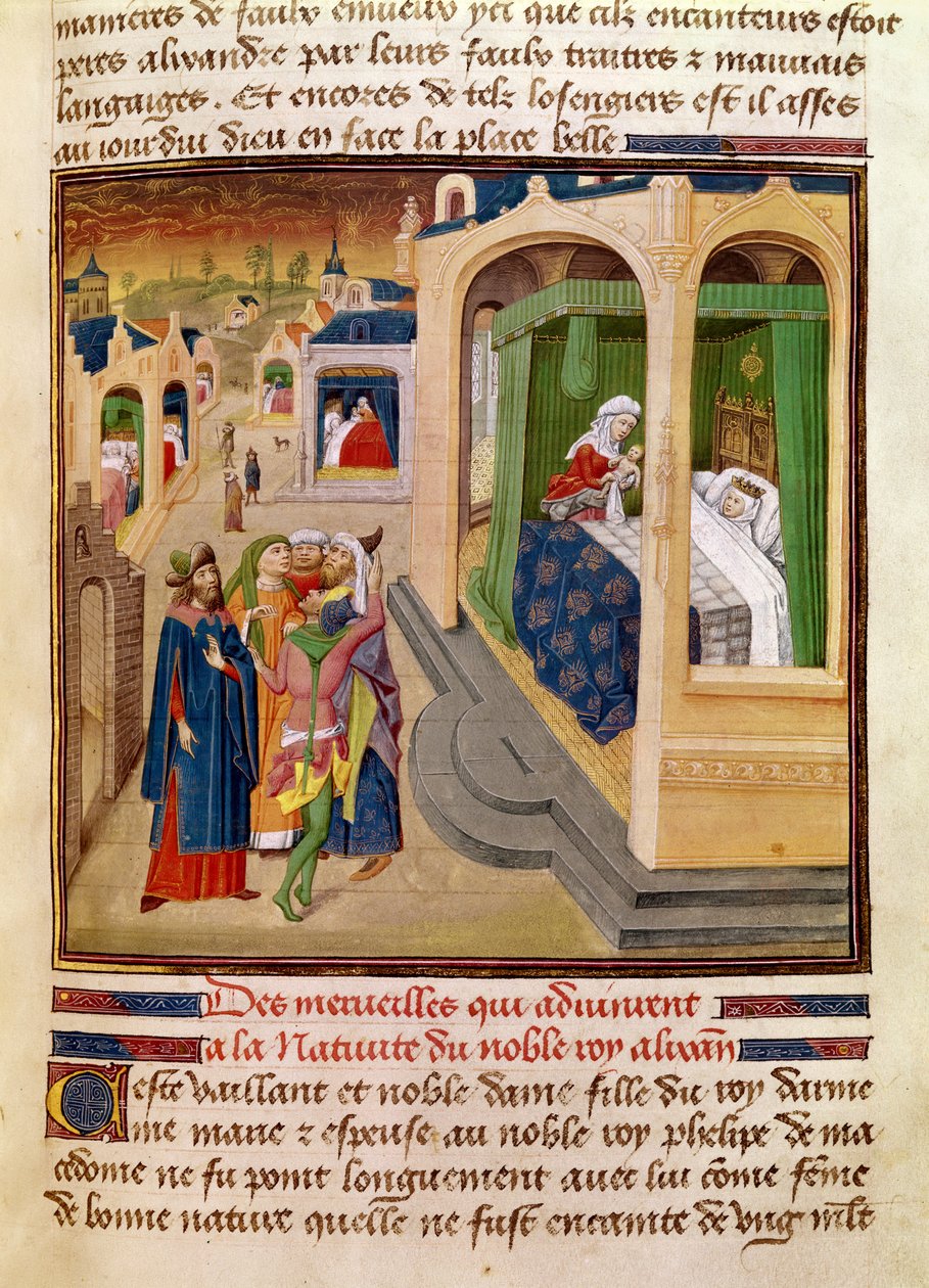 Fol.10r Cuda, które wydarzyły się przy narodzinach Aleksandra Wielkiego (356-323 pne) ilustracja z książki Jeana Wauquelina, z Histoire du Grand Alexandre 1460 autorstwa French School