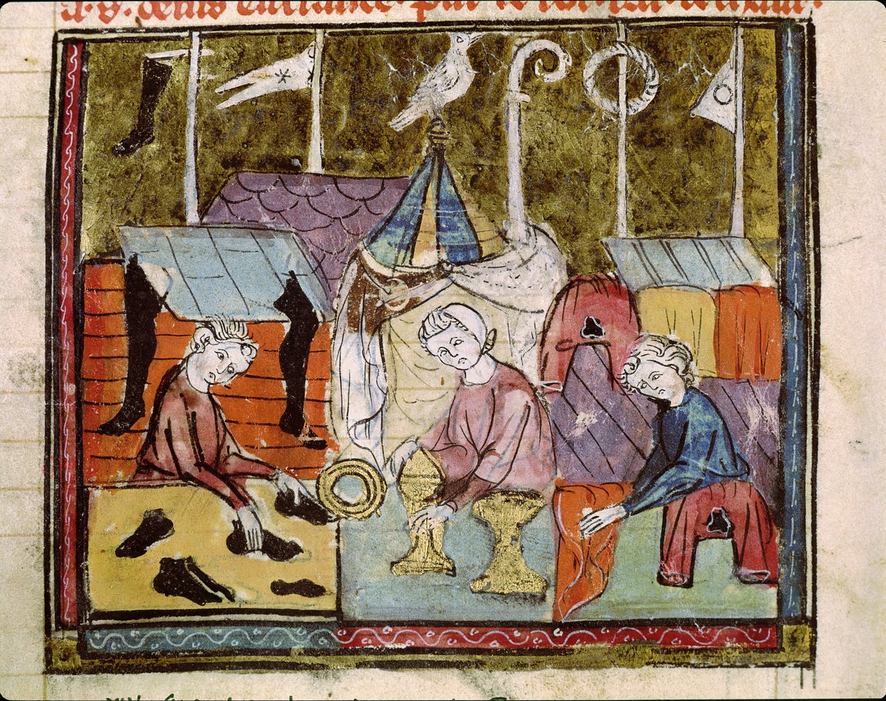 Fol.122v Kupcy na targach Lendit w pobliżu St. Denis, z Grandes Chroniques de France, 1375-79 autorstwa French School
