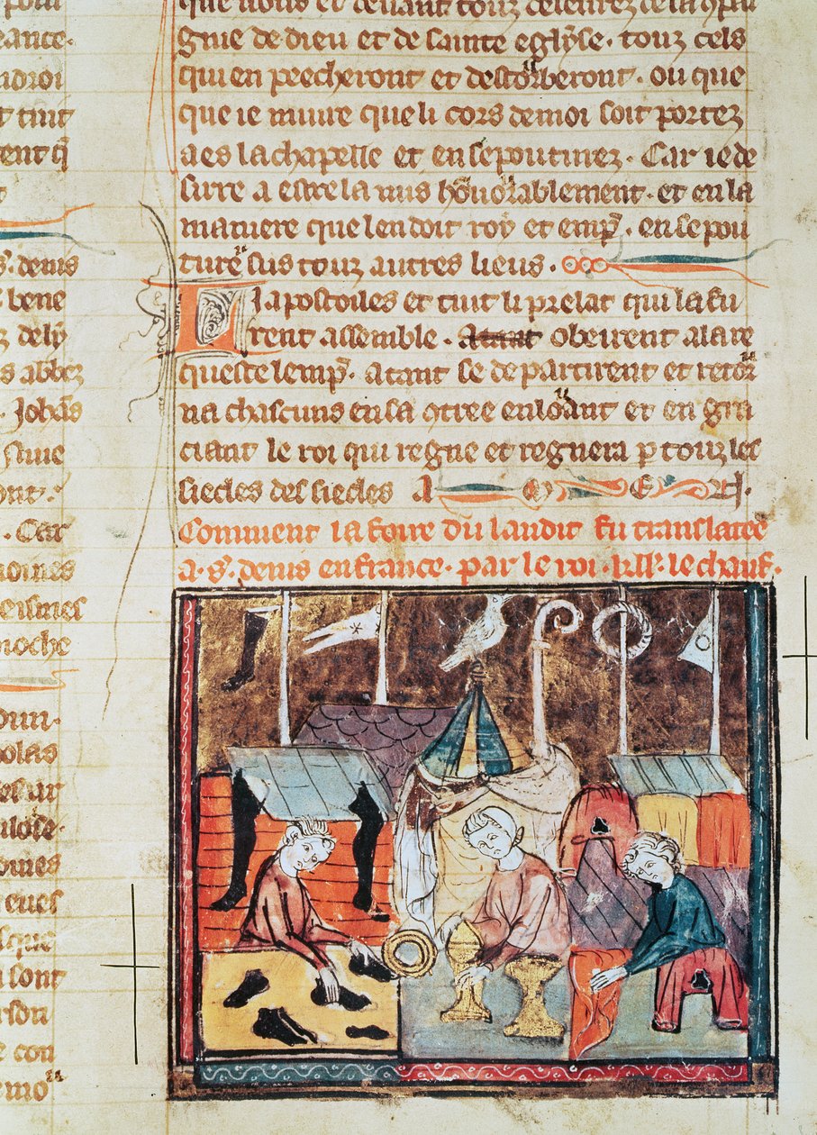 Fol.122v Kupcy na targach Lendit w pobliżu St. Denis, z Grandes Chroniques de France, 1375-79 autorstwa French School