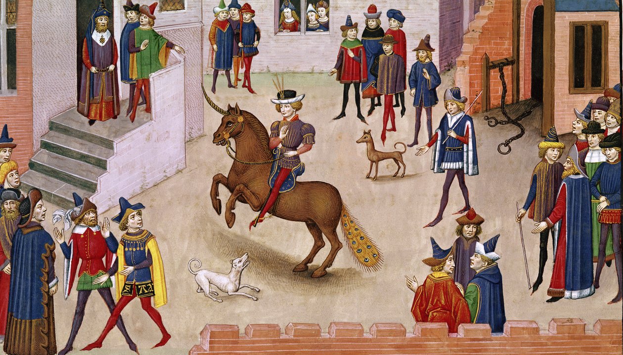 Fol.17v Jak Aleksander Wielki (356-323 pne) wsiadł na Bucefała, z Histoire du Grand Alexandre 1460 autorstwa French School