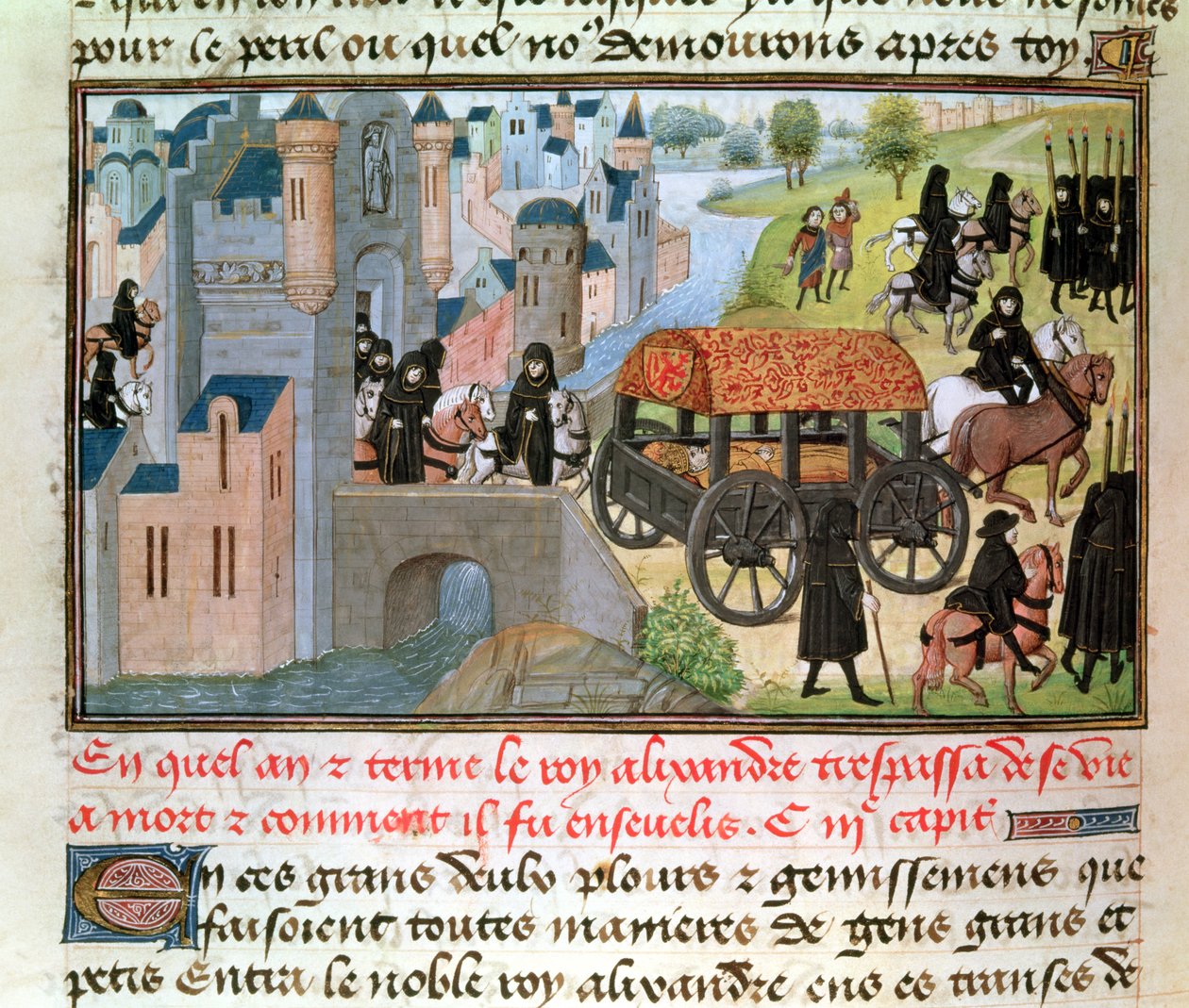 Fol.305v Jak Aleksander Wielki (356-323 pne) zmarł i został pochowany, z rękopisu Jeana Vauquelina, z Histoire du Grand Alexandre, 1460 autorstwa French School