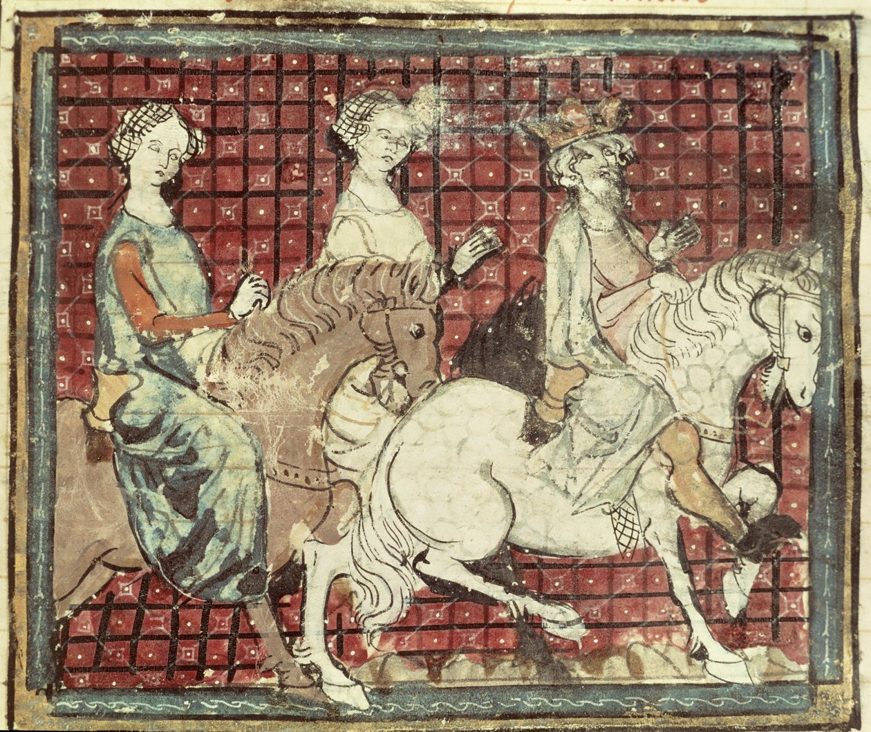 Fol.31r Chilperic I (543-97) i Fredegonde na koniu, z Grandes Chroniques de France, 1375-79 autorstwa French School
