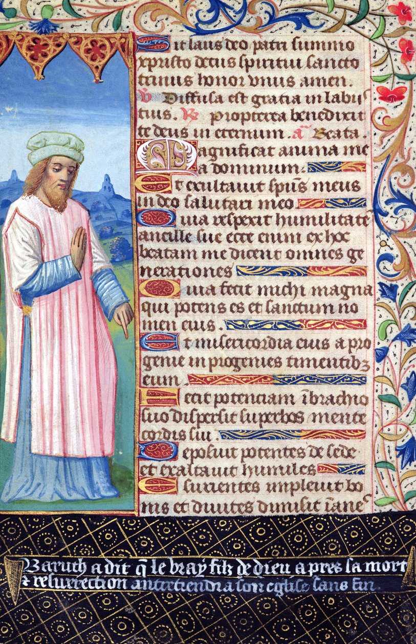Fol.36v Tekst Magnificat z portretem Barucha, z Heures a lUsage de Rome autorstwa French School