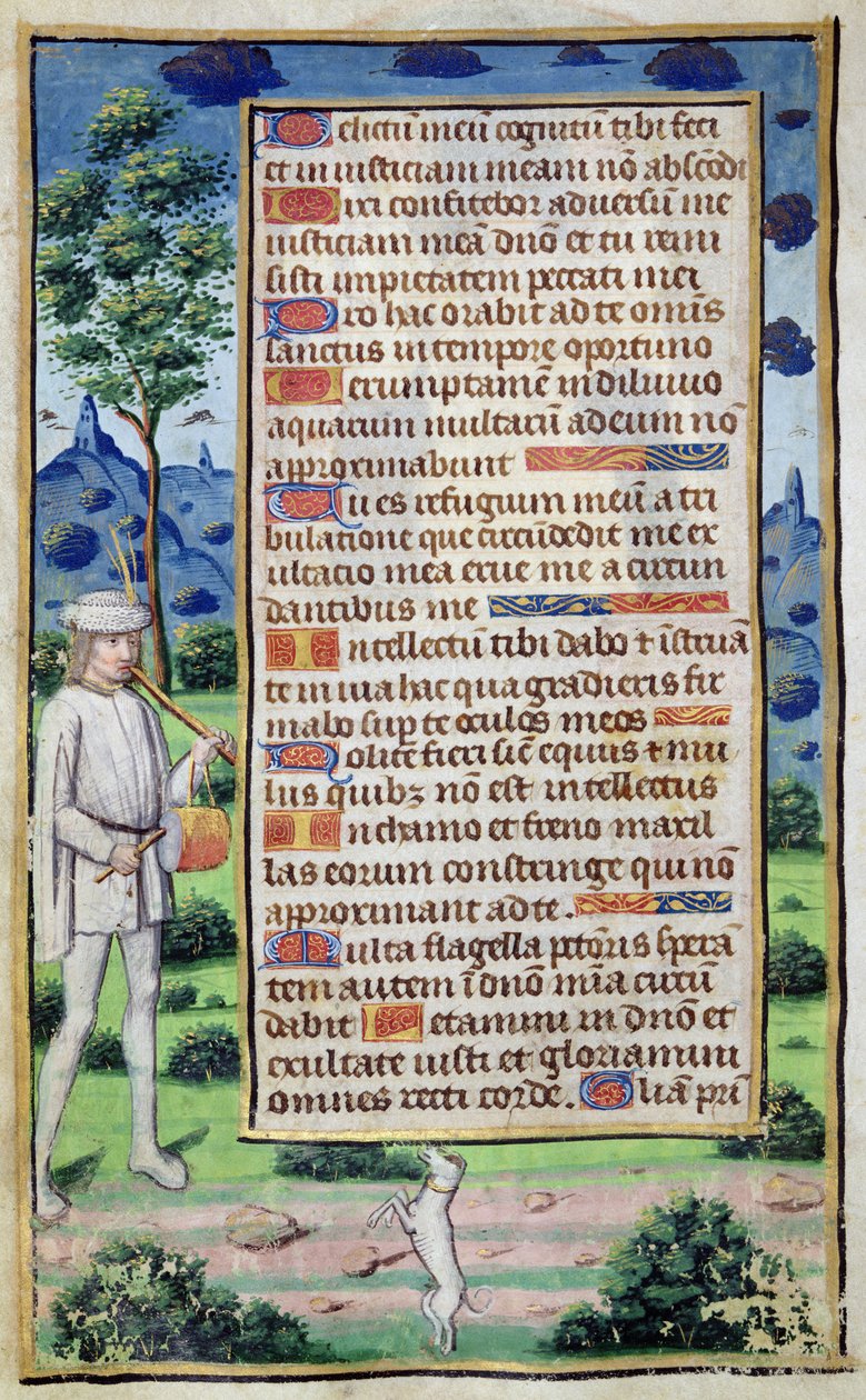 Fol.50v Strona tekstu z ramką przedstawiającą muzyka tańczącego psa, z „Heures de l