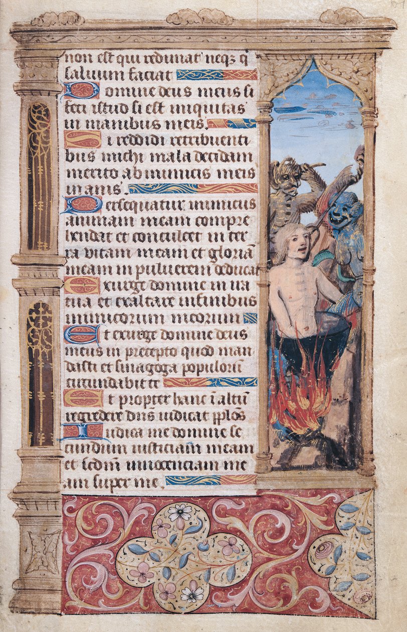 Fol.67r Strona tekstu z fragmentem obramowania mężczyzny torturowanego przez dwa demony, z "Heures de l"Usage de Rome" autorstwa French School