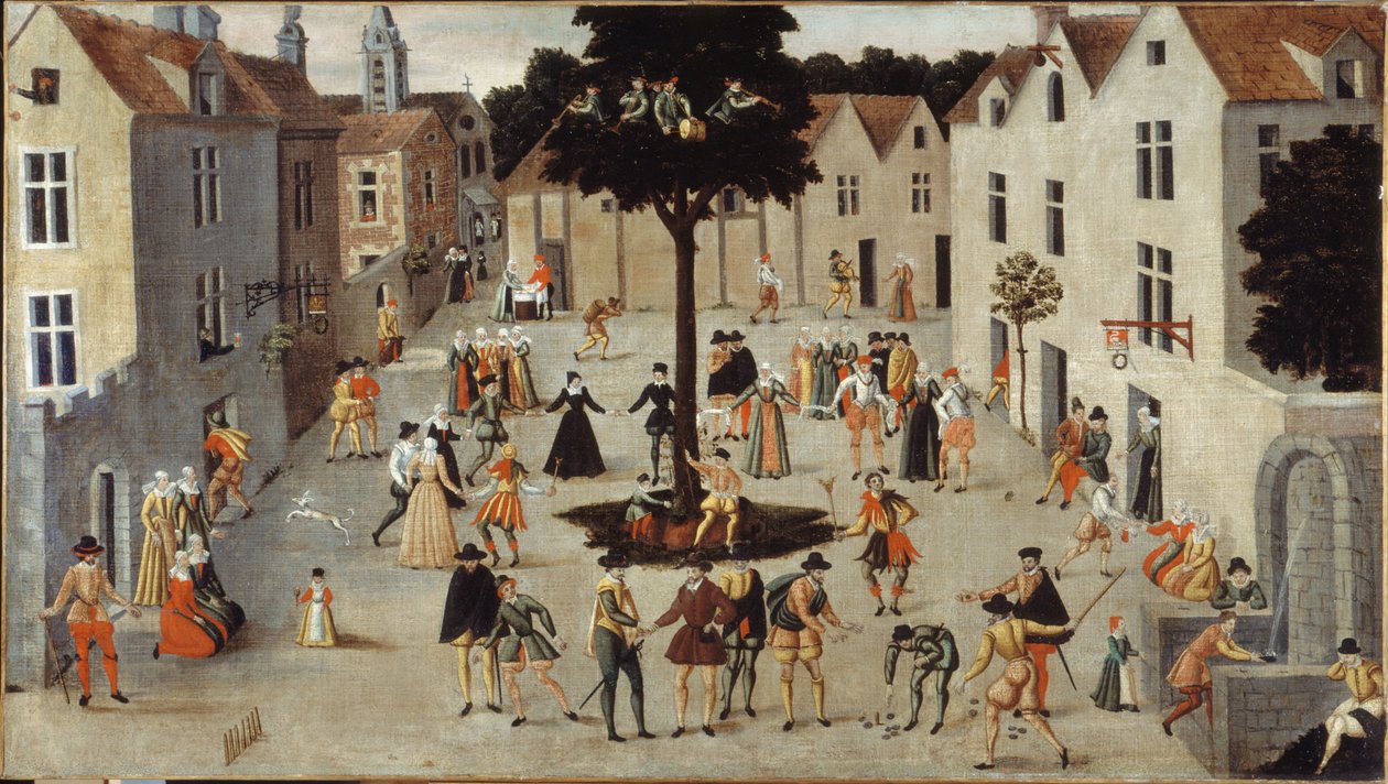 Festyn ludowy wokół drzewa, ok. 1560 (olej) autorstwa French School