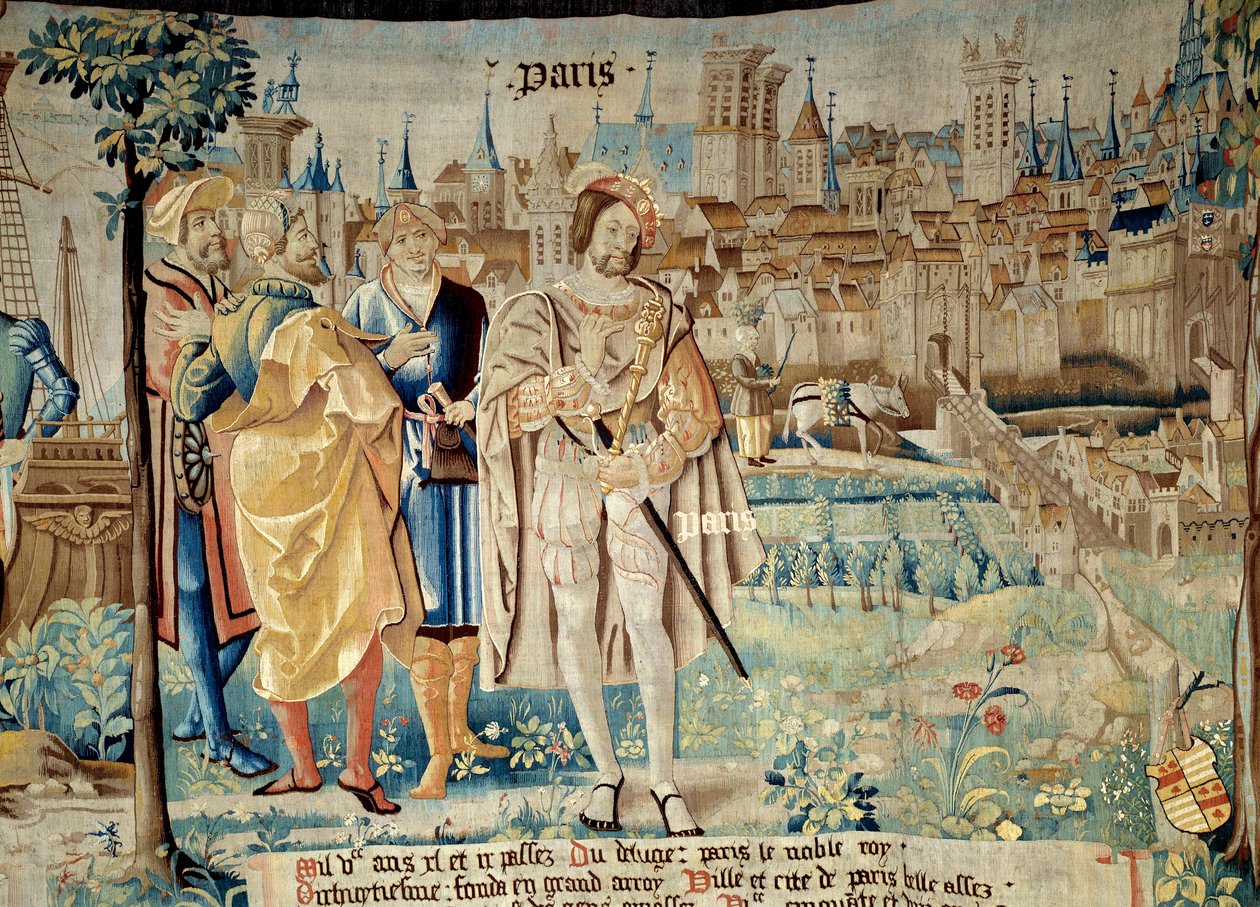 Fondation de la ville de Paris. Król Franciszek I (1494-1547) po powrocie z niewoli w 1527 r. postanowił założyć swoją stałą stolicę w Paryżu. Gobelin „Baśniowa historia Galów” wykonany przez warsztat Arras. 1530 Beauvais, oddział autorstwa French School