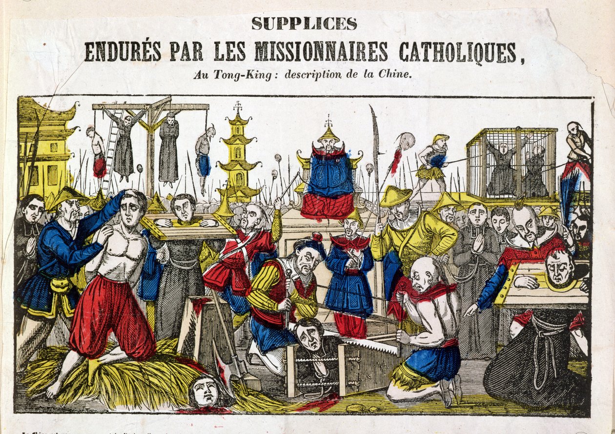 Formy tortur znoszone przez katolickich misjonarzy w Tonking, Chiny, 1840 autorstwa French School
