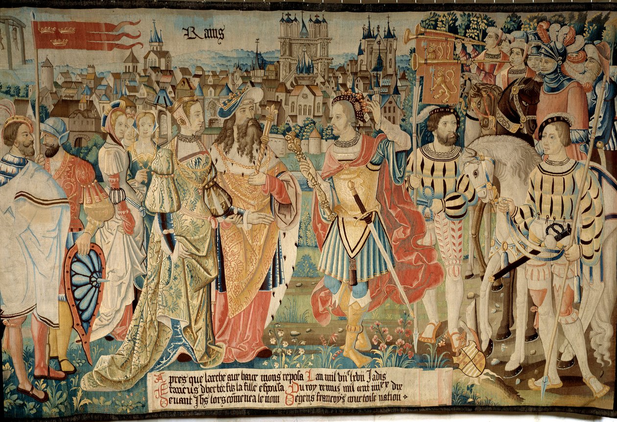 Założenie miasta Reims: Remus poślubił swoją córkę za króla Francusa, syna Hectora. Gobelin z „Baśniowej historii Galów” wykonany przez warsztat Arras autorstwa French School