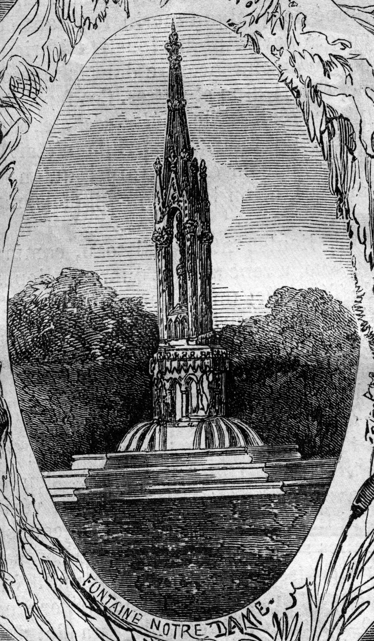 Fontanna Paryża: widok na Fontannę Dziewicy (Fontanna Notre Dame) (ok. 1845 r.). Grawerowanie w „”Le Monde Illustré””n°254 z 22 lutego autorstwa French School