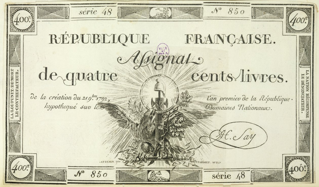 Banknot czterysta liwrów, 21 września 1792 r autorstwa French School