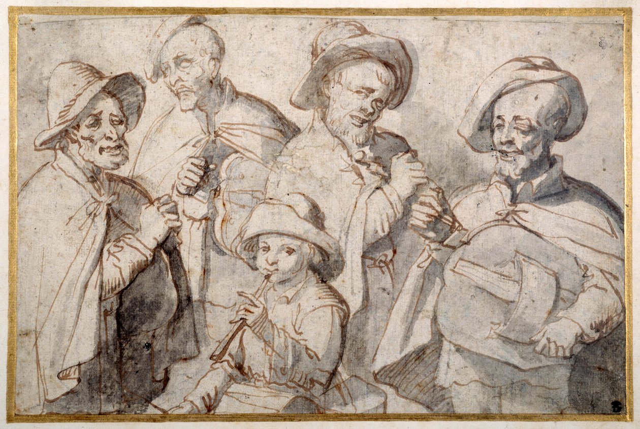 Czterech liry korbowych i chłopiec z fajką, ok. 1650-99 (pióro i atrament na papierze) autorstwa French School
