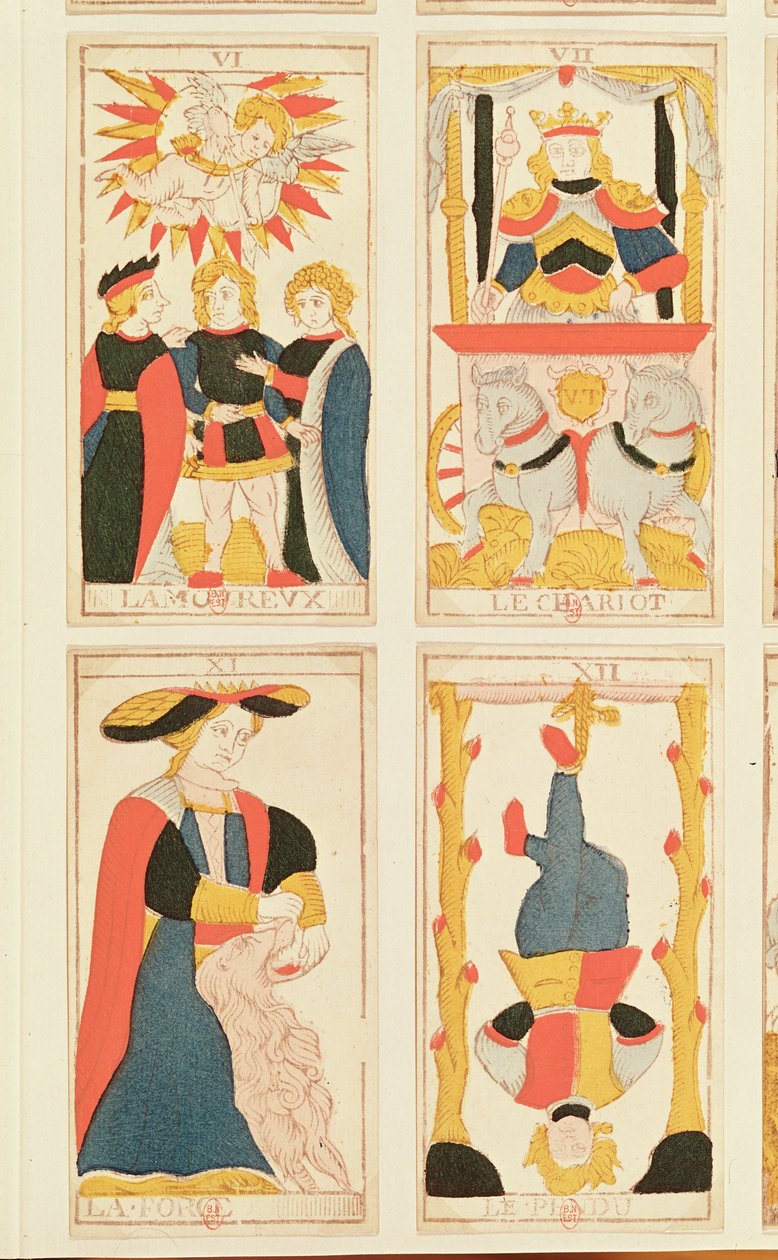 Cztery karty tarota przedstawiające Kochanków, Rydwan, Siłę i Wisielca (kolorowe drzeworyty) autorstwa French School