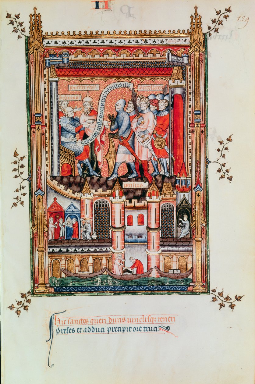 Ks 2091 fol.129 Sisinnius wydaje rozkazy św. Denisowi i jego towarzyszom przyprowadzonym przed niego, z Vie de St. Denis, 1317 autorstwa French School