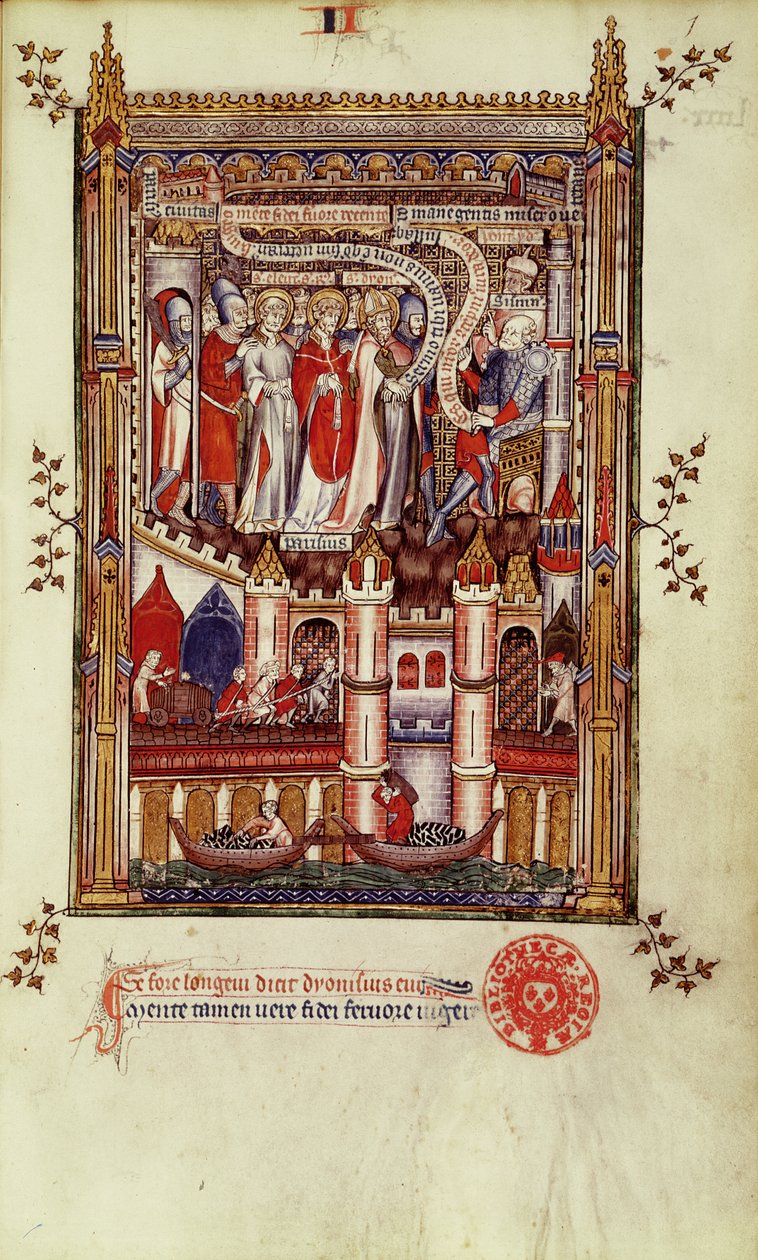 Fr 2092 f.1 Pierwsze przesłuchanie św. Denisa i jego towarzyszy przez Sisinniusa, z Vie de St. Denis, 1317 autorstwa French School