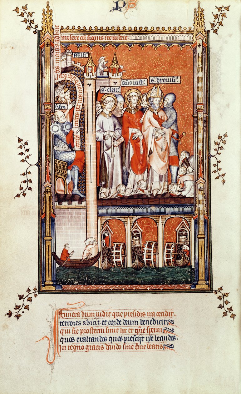 Fr 2092 f.37v Sisinnius pokazujący ciała innych męczenników św. Denisowi i jego towarzyszom, z Vie de St. Denis, 1317 autorstwa French School