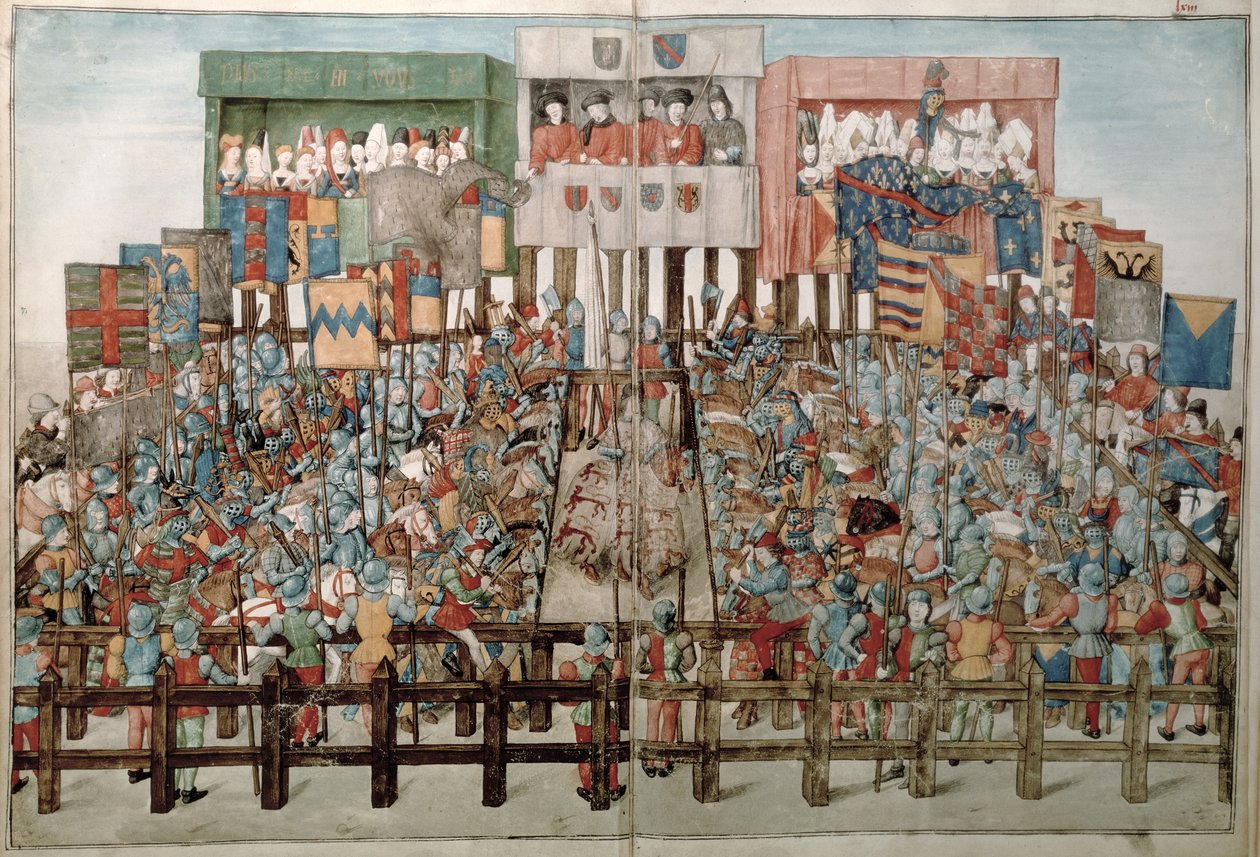 Fr 2692 f.62v-63r Król Rene przewodniczy turniejowi rycerskie, z Livre des Tournois de Rene dAnjou, c.1488-89 autorstwa French School