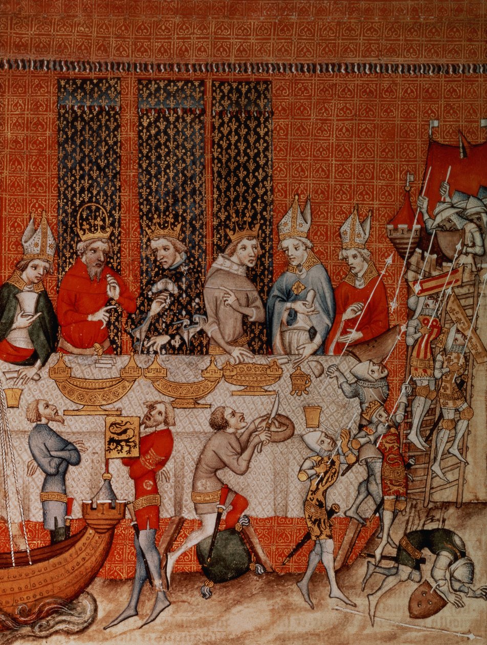 Fr 2813 f.473 Scena bankietowa, z Grandes Chroniques de France, 1375-79 autorstwa French School