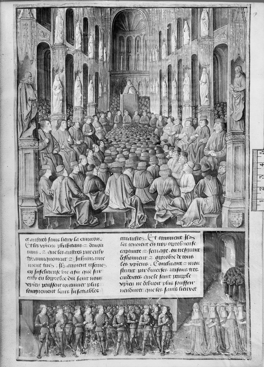 Ks 5594 fol.19 Jak papież Urban II (1042-99) głosił rekonkwistę Bazyliki Grobu Świętego na soborze w Clermont-Ferrand, ilustracja z Les Passages dOutre-Mer autorstwa Sebastiena Mamerota de So autorstwa French School