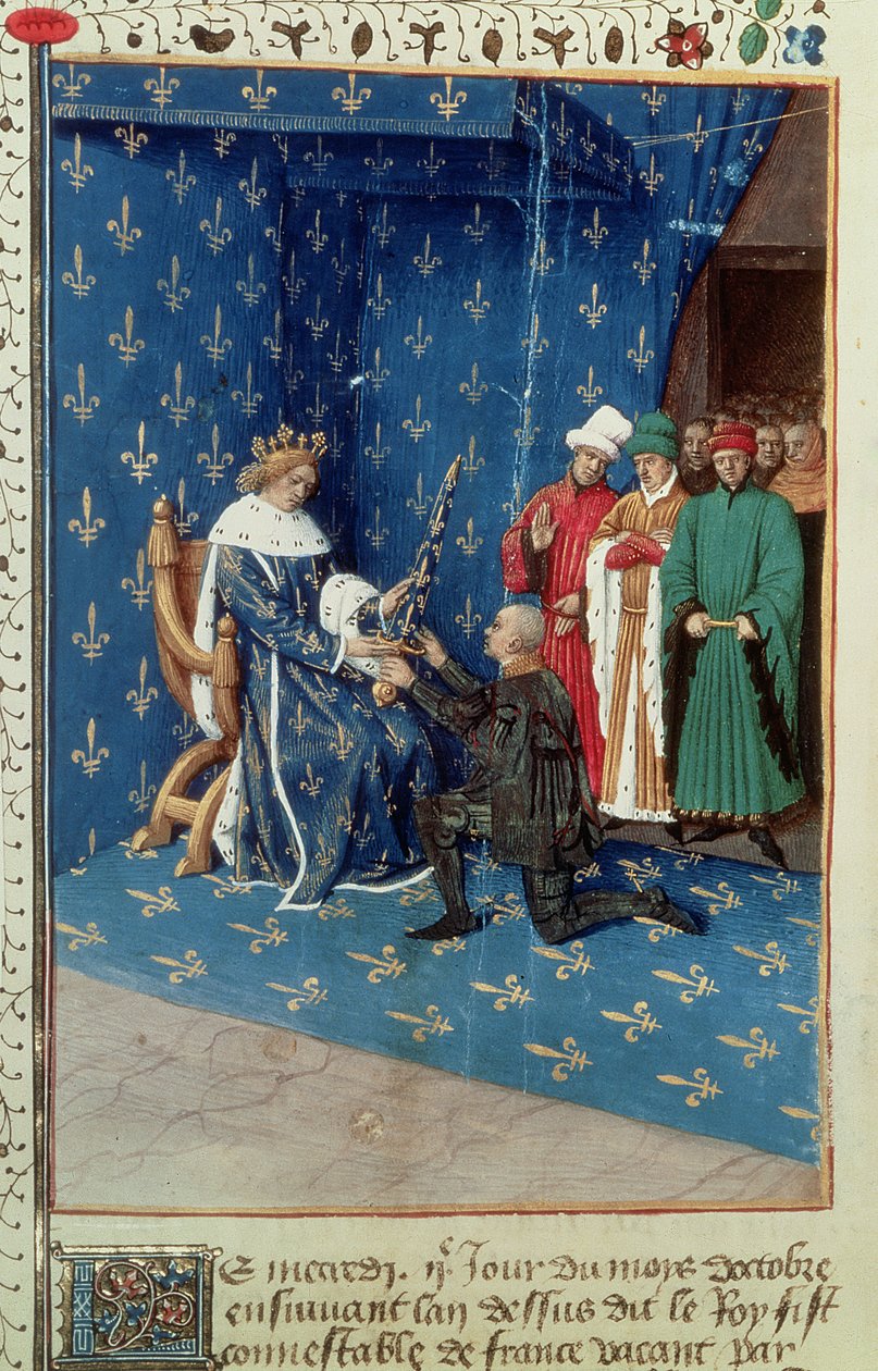 Fr 6465 f.434v Karol V (1338-80) Pasowanie na rycerza konwertyty Bertranda Duguesclina, październik 1390 autorstwa French School