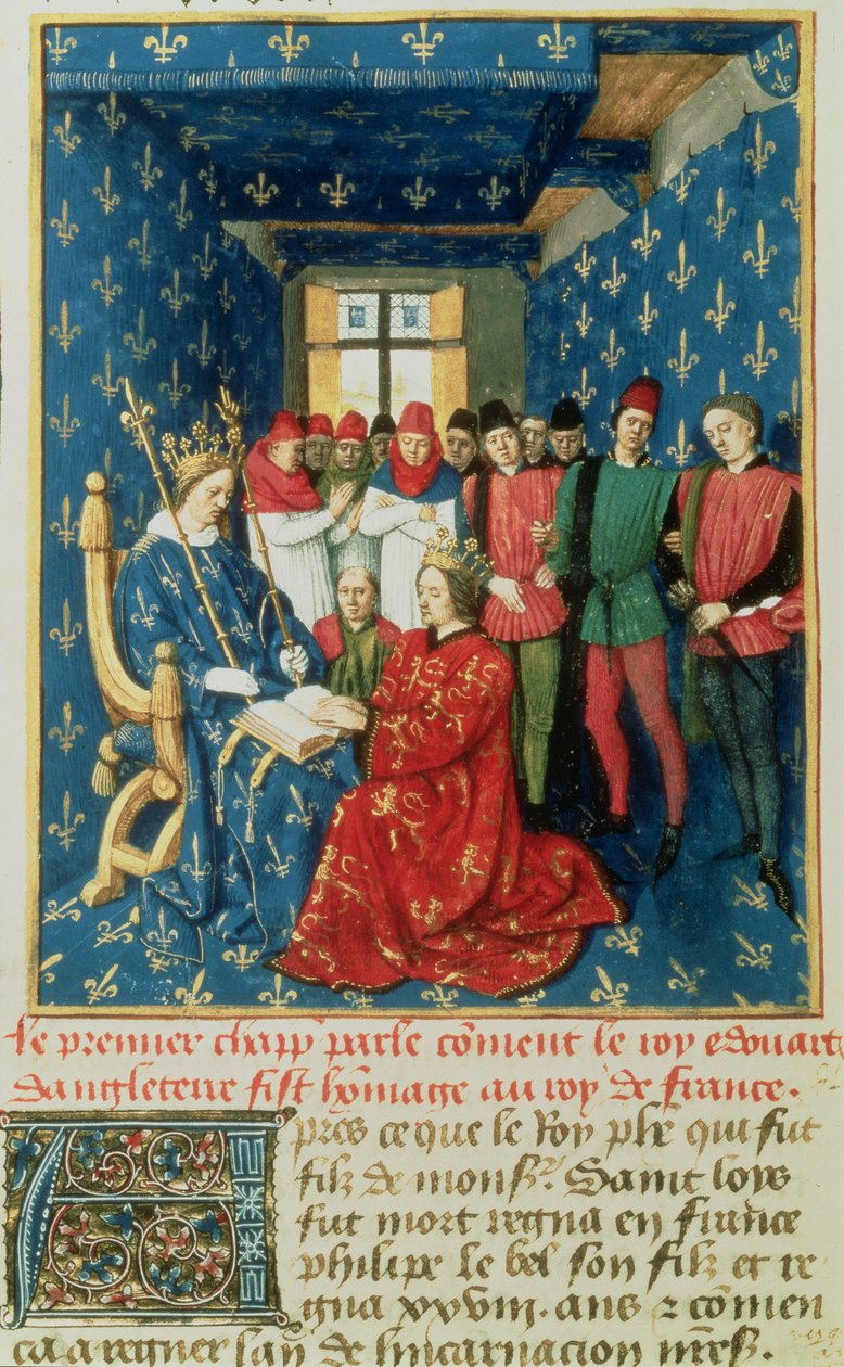 Ks 6465 fol.301v Edward I (1239-1307) składa hołd królowi Francji Filipowi IV le Bel (1268-1314), dla Księstwa Akwitanii autorstwa French School