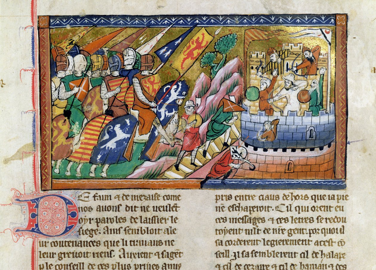 Fr 9084 f.53 Angielska armia atakująca zamek, z "Chronique de Guillaume de Tyr" (pergamin) autorstwa French School