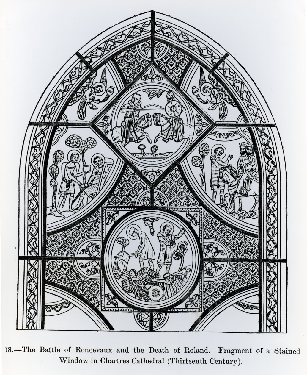 Fragment witraża w katedrze w Chartres, przedstawiający bitwę pod Roncevaux i śmierć Rolanda, ilustracja z Nauki i literatury średniowiecza i renesansu, pisarz autorstwa French School