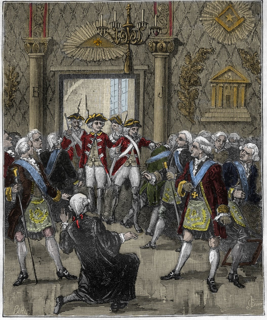 Franc-Maconnerie (Franc Maconnerie) w Hotel de Soisson w Paryżu w czerwcu 1745: Ceremonia Franco-Maconów przerwana przez przybycie komisarza policji. Grawerowanie w „Paryżu przez wieki”, Gourdon de Kenouillac 1880.. autorstwa French School