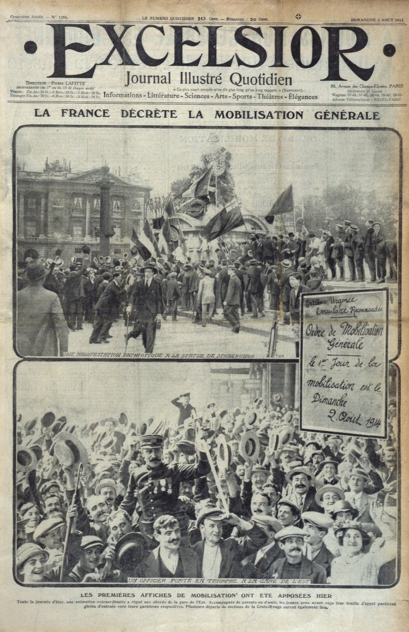 Francja ogłasza powszechną mobilizację 2 sierpnia 1914 r., ilustracja na okładce Excelsiora w niedzielę 2 sierpnia 1914 r. autorstwa French School