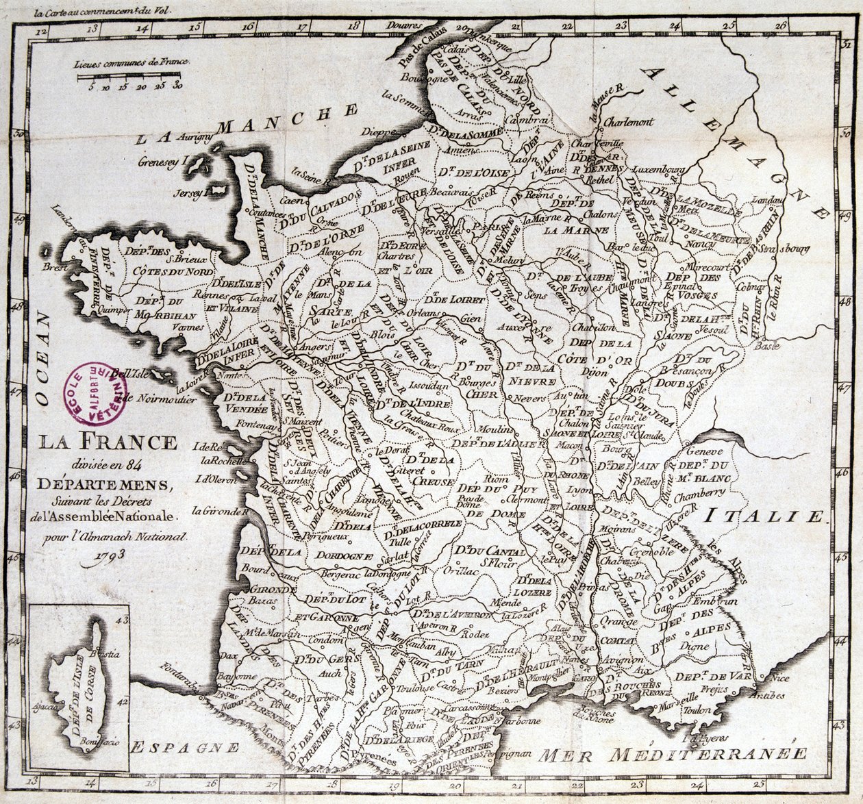 Francja podzielona na 84 departamenty zgodnie z dekretami Zgromadzenia Narodowego z 1793 r autorstwa French School