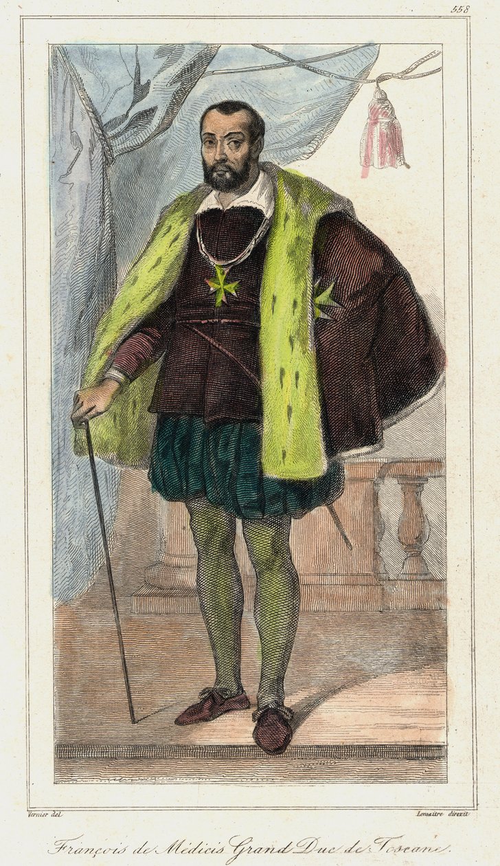 Francesco de Medici (Francis de Medicis), wielki książę Toskanii (1541 - 1587) ojciec Marii Medycejskiej. Grawerowanie XIX wieku. autorstwa French School