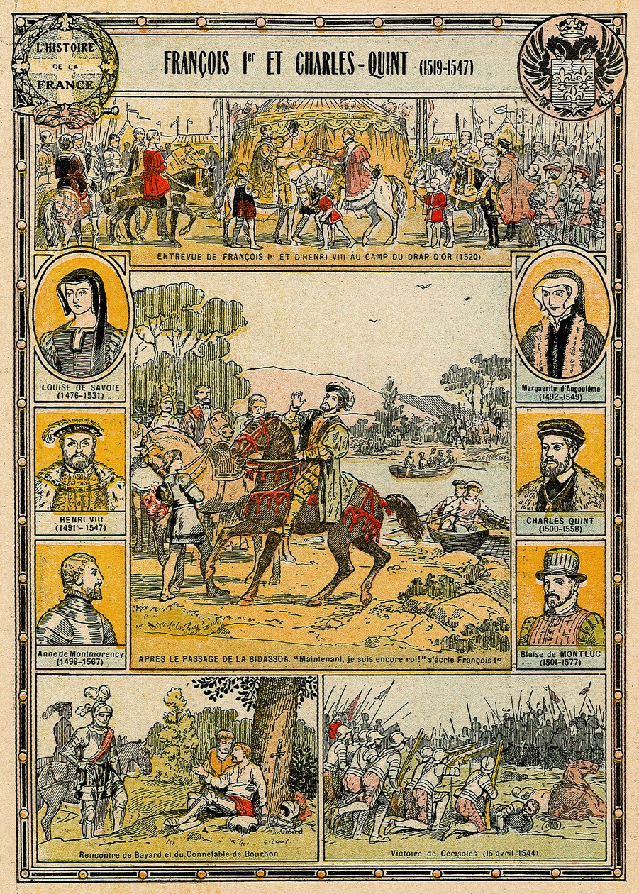 Franciszek I, król francuski i Karol V, święty cesarz rzymski, ilustracja z „Histoire de France” autorstwa French School