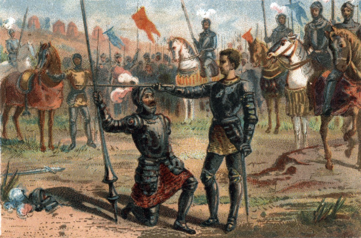 Franciszek I z Francji prosi o pasowanie na rycerza przez Kawalera Bayarda po zwycięstwie w bitwie pod Marignano we Włoszech autorstwa French School