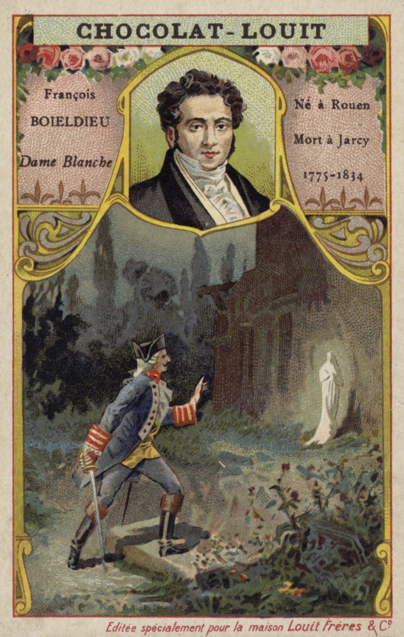 Francois-Adrien Boieldieu, francuski kompozytor, i scena z jego opery La Dame Blanche (chromolitografia) autorstwa French School