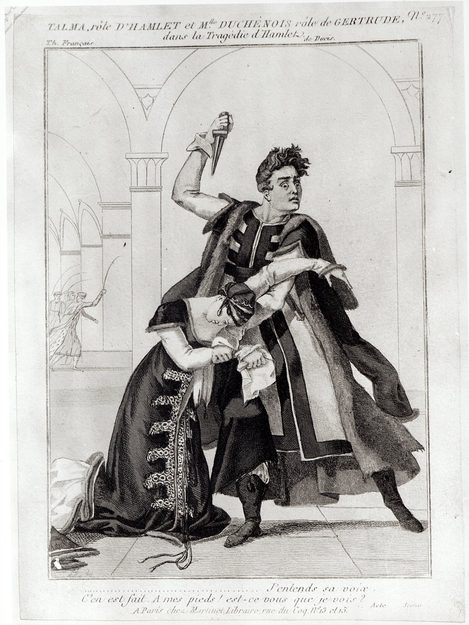 Francois-Joseph Talma (1763-1826) jako Hamlet i Mademoiselle Duchenois jako Gertrude, w „Hamlecie” Szekspira w adaptacji Jean-Francois Ducis, po 1769 autorstwa French School