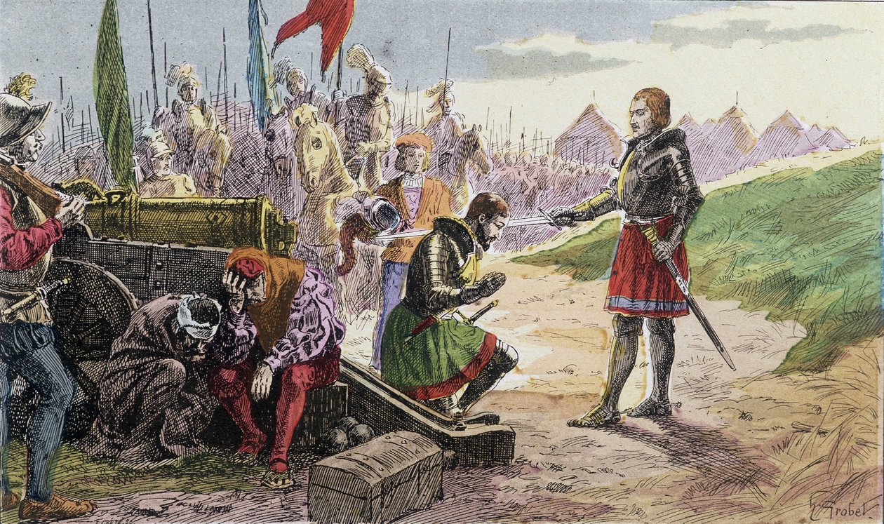 Francois 1st, Chevalier broni firmy Bayard, w Marignan - ilustracja XIX wiek. autorstwa French School